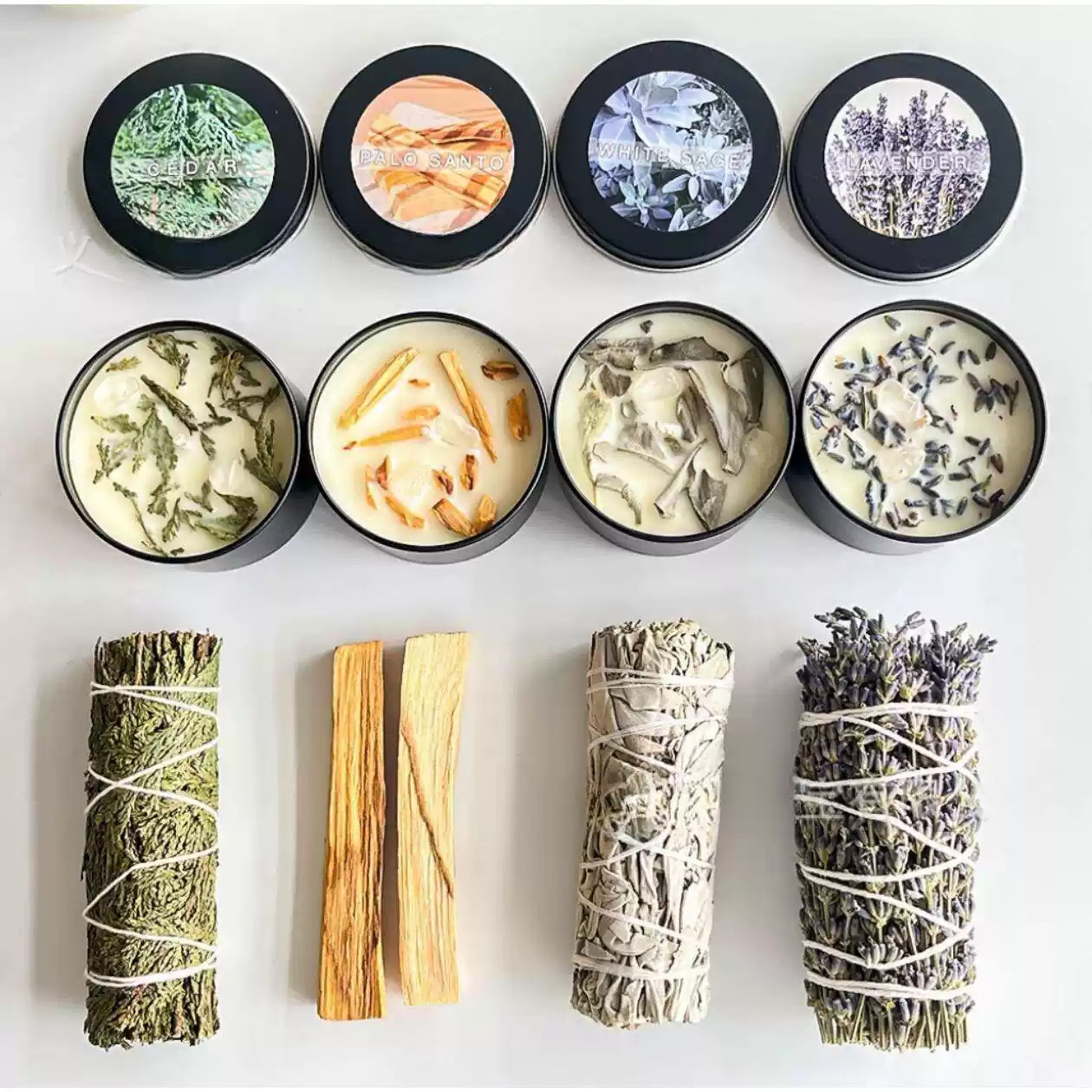 Handmade Crystal Manifestation Soy Candle - White Sage, Palo Santo, Cedar & Lavender for Spiritual Cleansing & Rituals
