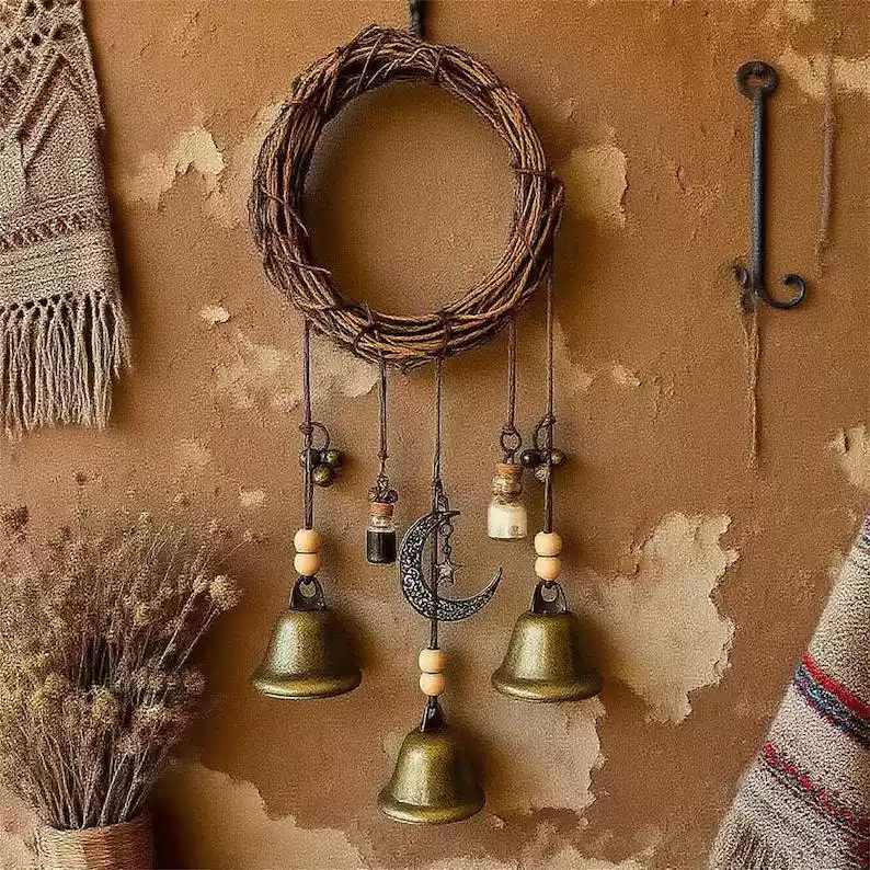 Handmade Witch Bells Protection Charm - Natural Vine & Brass Energy Purifying Hanging for Door, Window & Altar