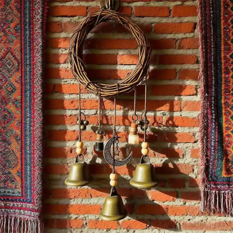 Handmade Witch Bells Protection Charm - Natural Vine & Brass Energy Purifying Hanging for Door, Window & Altar