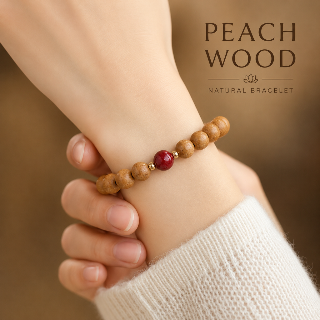 Aged Peach Wood Meditation Beads - Zen Mindfulness Bracelet with Cinnabar Energy Anchor for Spiritual Protection
