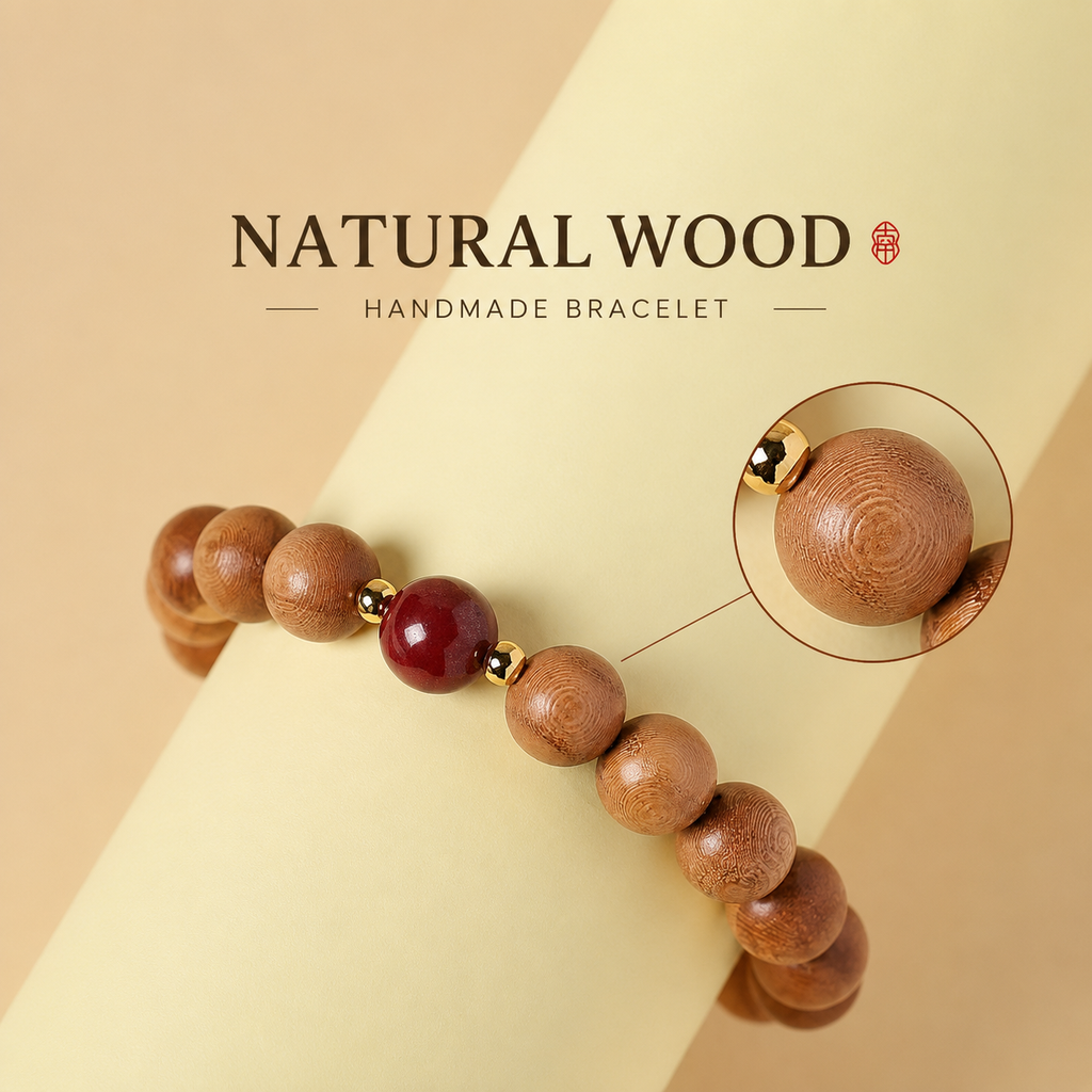 Aged Peach Wood Meditation Beads - Zen Mindfulness Bracelet with Cinnabar Energy Anchor for Spiritual Protection