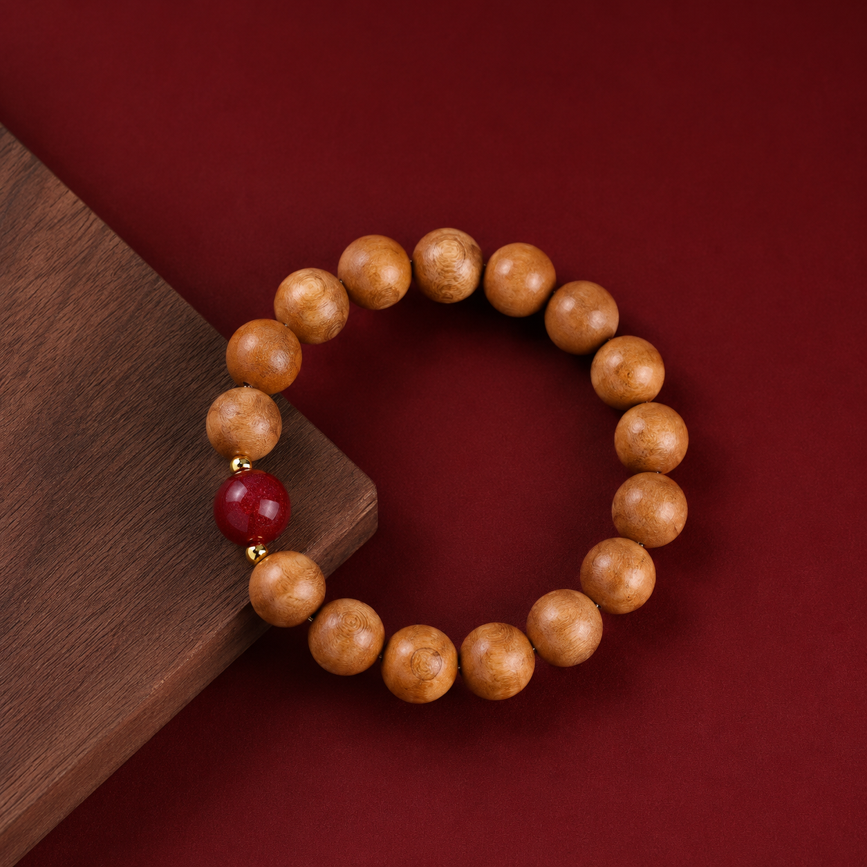 Aged Peach Wood Meditation Beads - Zen Mindfulness Bracelet with Cinnabar Energy Anchor for Spiritual Protection