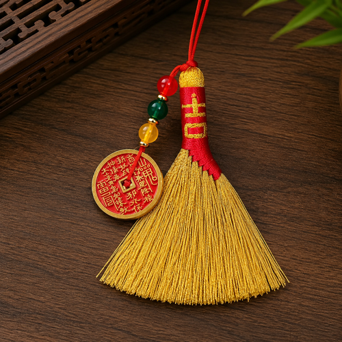 Ancient Ritual Besom Protection Charm - Spiritual Cleansing Broom & Wealth Coin Amulet