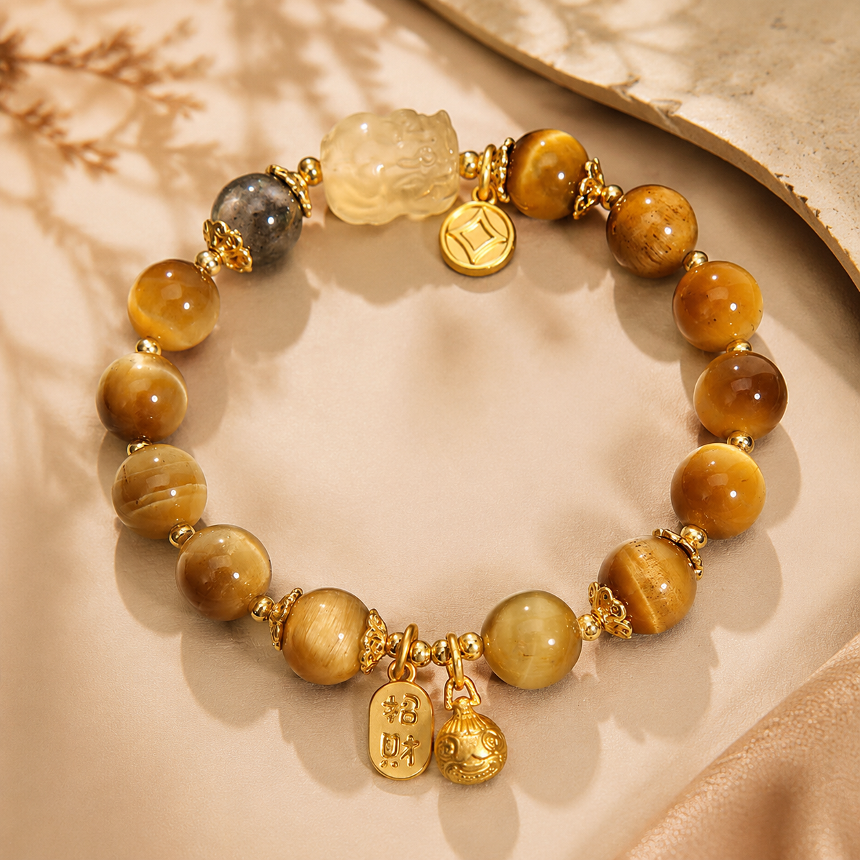Golden Rutilated Quartz Manifestation Bracelet - Luxury Citrine & Moonstone Crystal Energy Realignment Amulet