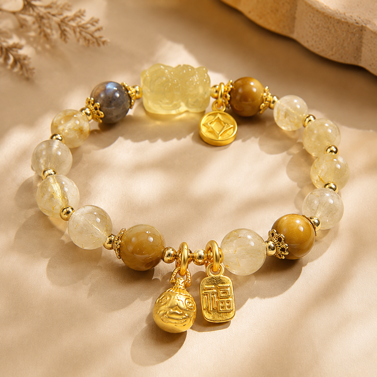 Golden Rutilated Quartz Manifestation Bracelet - Luxury Citrine & Moonstone Crystal Energy Realignment Amulet