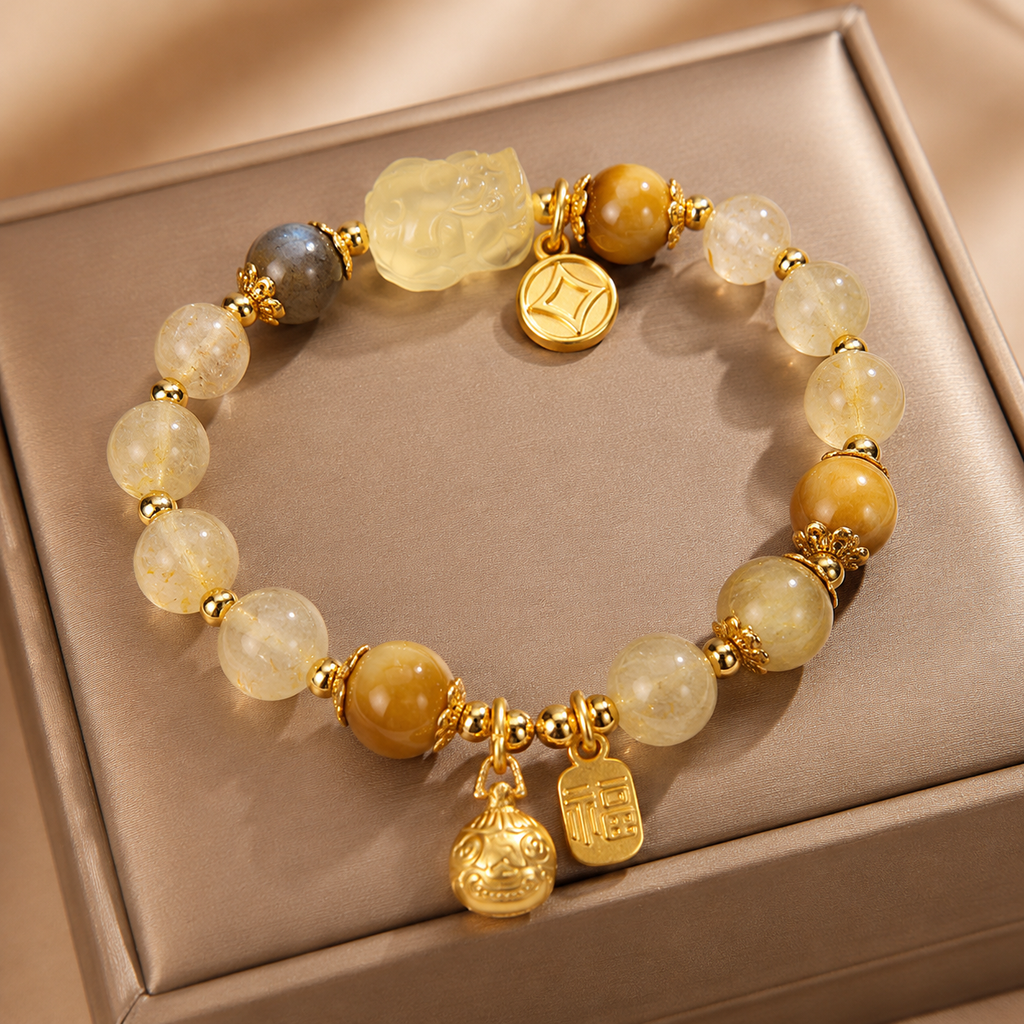 Golden Rutilated Quartz Manifestation Bracelet - Luxury Citrine & Moonstone Crystal Energy Realignment Amulet
