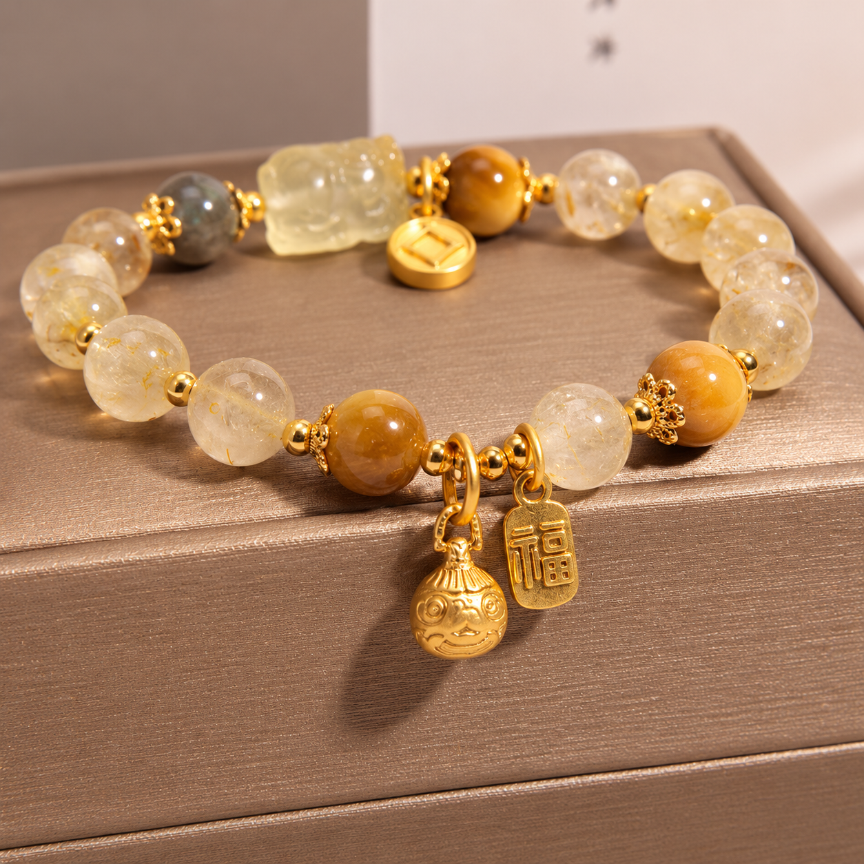 Golden Rutilated Quartz Manifestation Bracelet - Luxury Citrine & Moonstone Crystal Energy Realignment Amulet